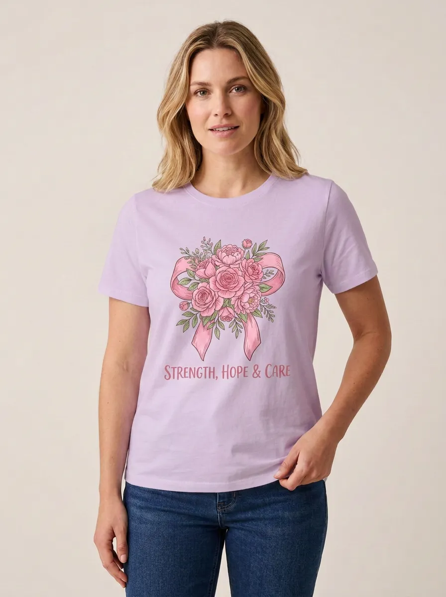 Women's Breast Cancer Awareness Floral Ribbon Printed T-shirt