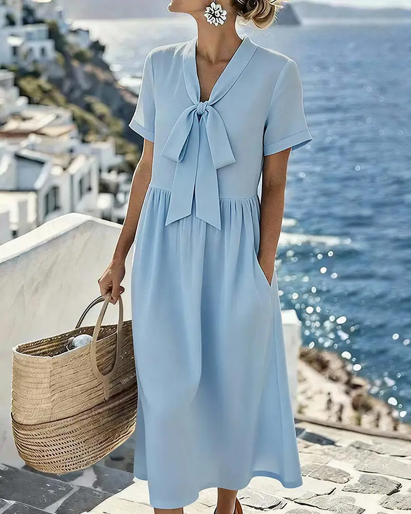 Elegant V-Neck Tie-Front Short Sleeve Midi Dress