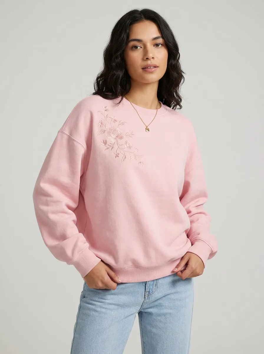 Women's Floral Aesthetic Pink Embroidered Crewneck Sweatshirt