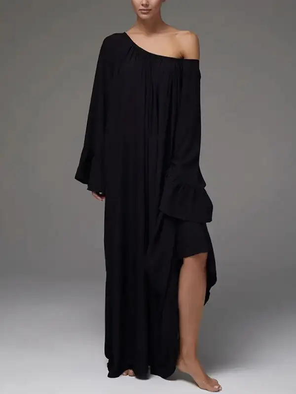 Flared Color Pleated Neck Maxi Dress