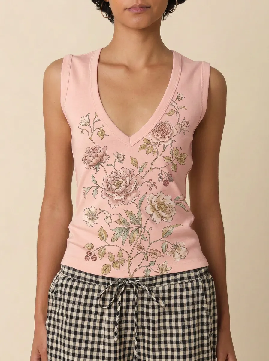 Women's Botanical Floral Art Printed V-Neck Tank Top