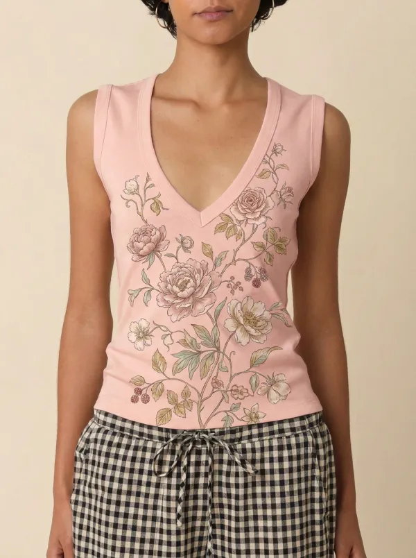 Women's Botanical Floral Art Printed V-Neck Tank Top