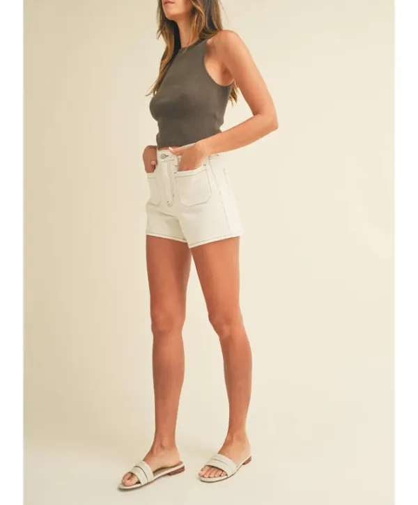 White Cotton Blend Stretch Blend Shorts
