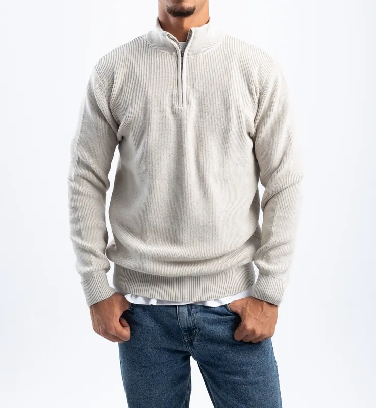 Beige Quarter Zip Knit Pullover