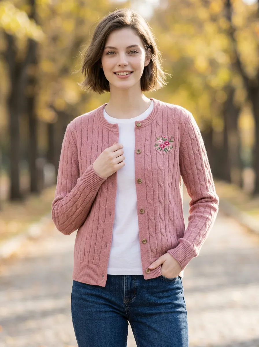 Women's Floral Embroidery Pink Cable Knit Buttoned Cardigan