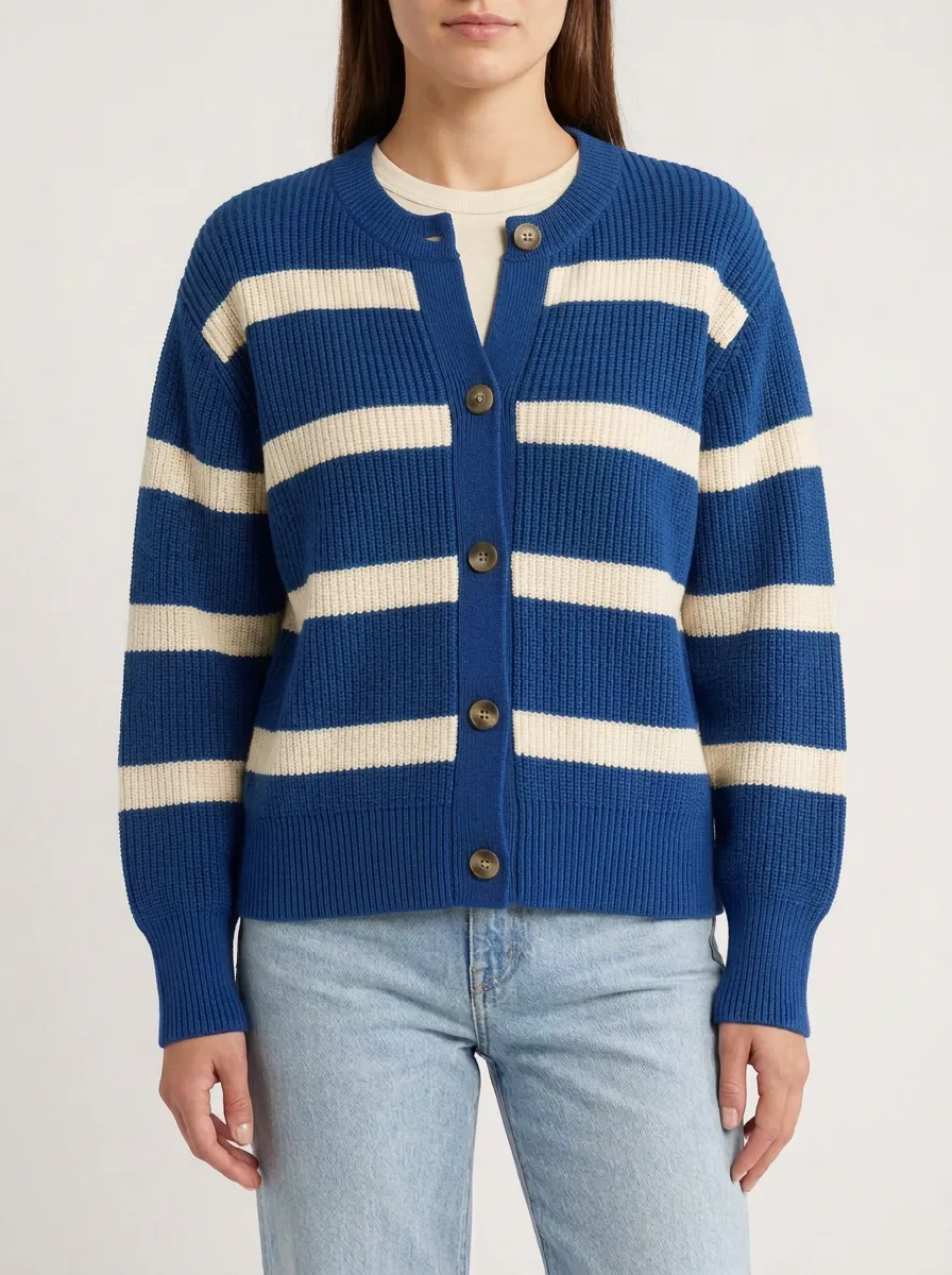 Cable Knit Rugby Striped Knit Cardigan