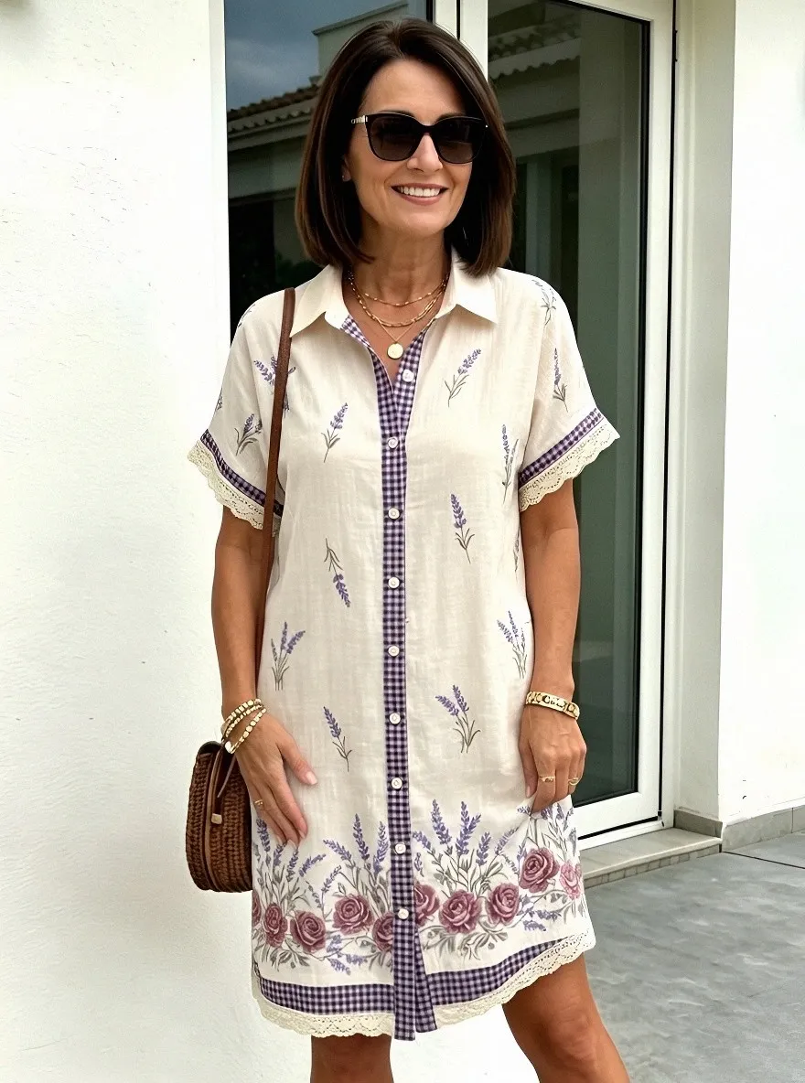 Women's Summer Vacation Lavender Floral Gingham Printed Shirt Dress