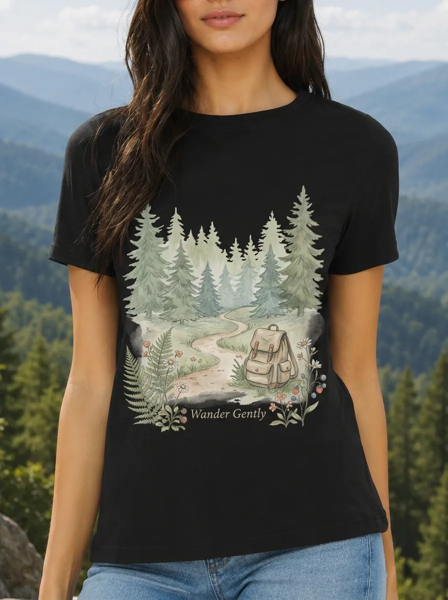 Women's Nature Hiking Lover Forest Backpack Printed T-shirt