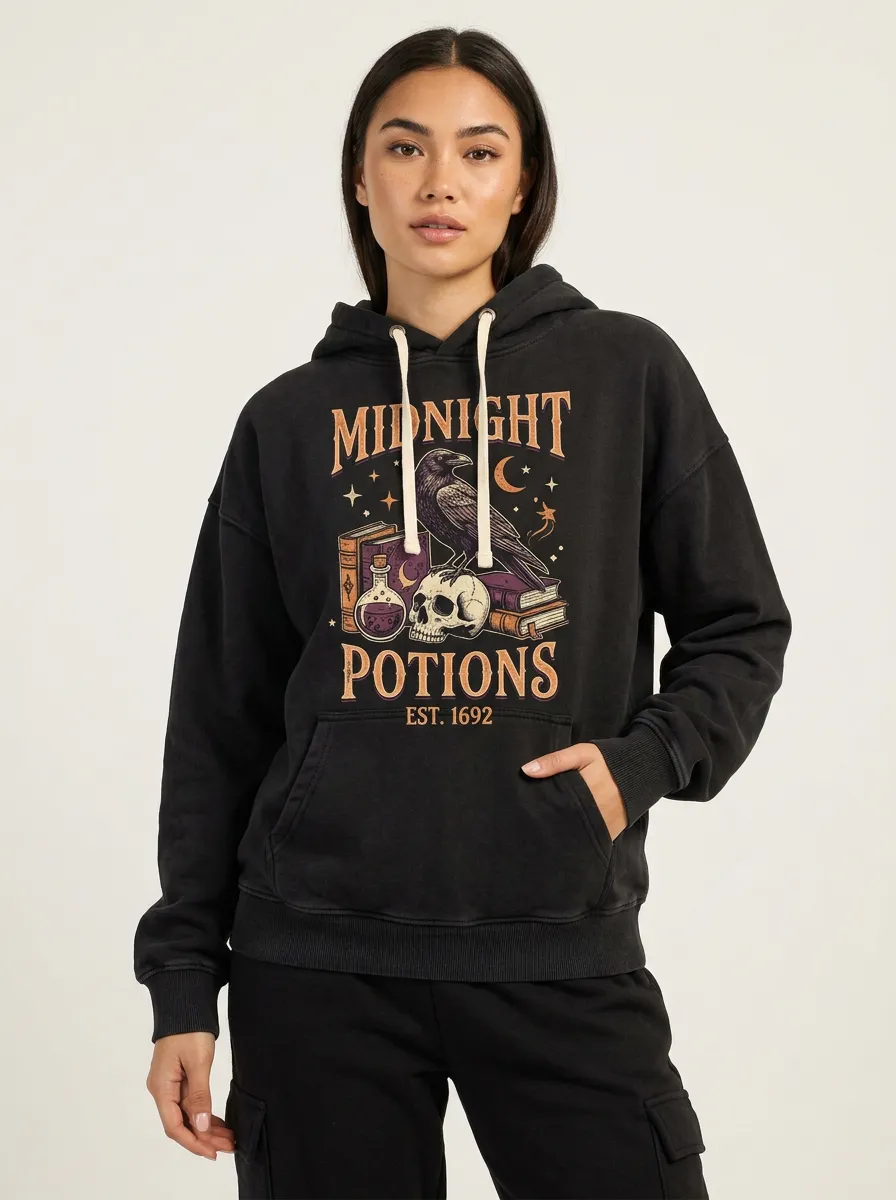 Women's Halloween Witchy Raven Skull Potion Printed Hoodie