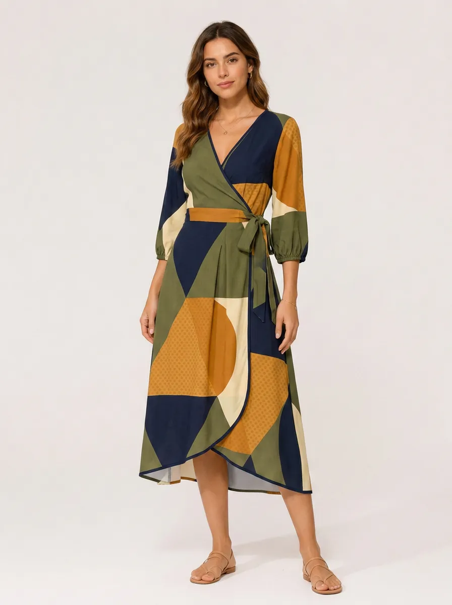 Women's Geometric Pattern Colorblock Printed Wrap Dress
