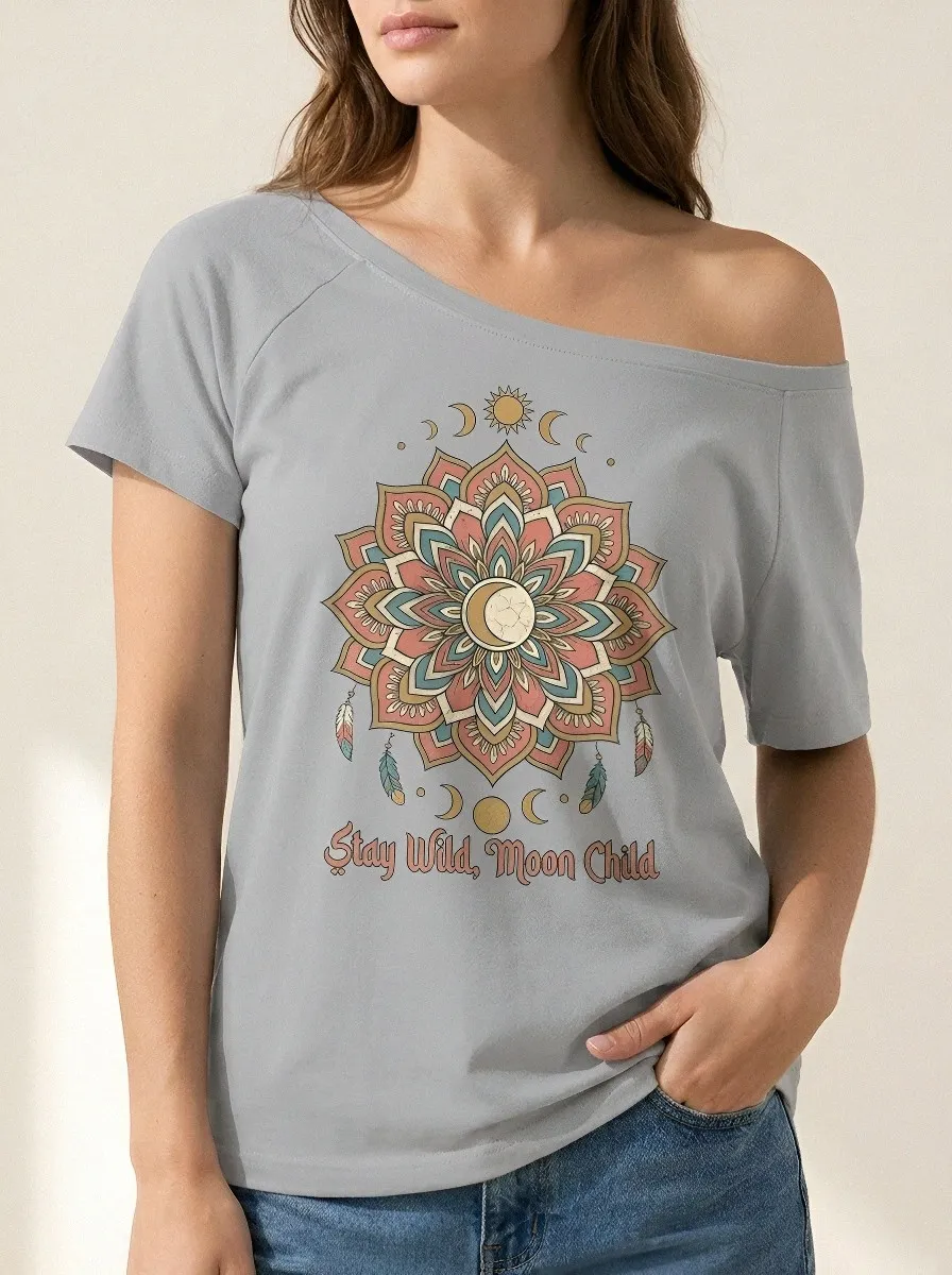 Women's Boho Moon Child Mandala Printed Off-Shoulder Top