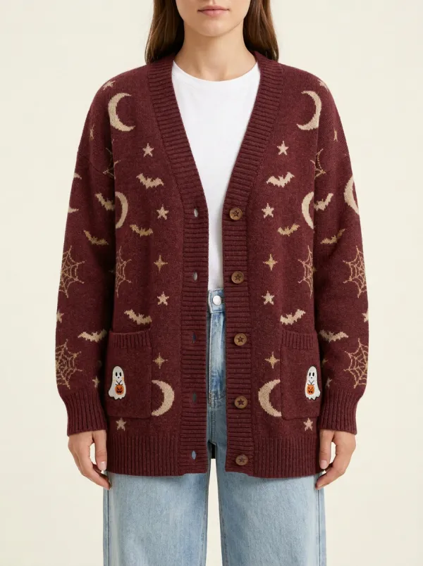 Women's Halloween Ghost Moon Bat Spiderweb Patterned Cardigan