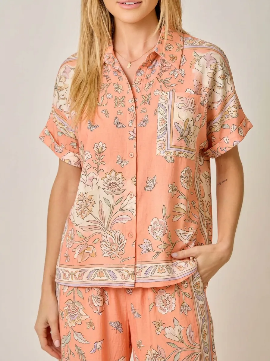 Women's Boho Floral Butterfly Printed Button Down Shirt