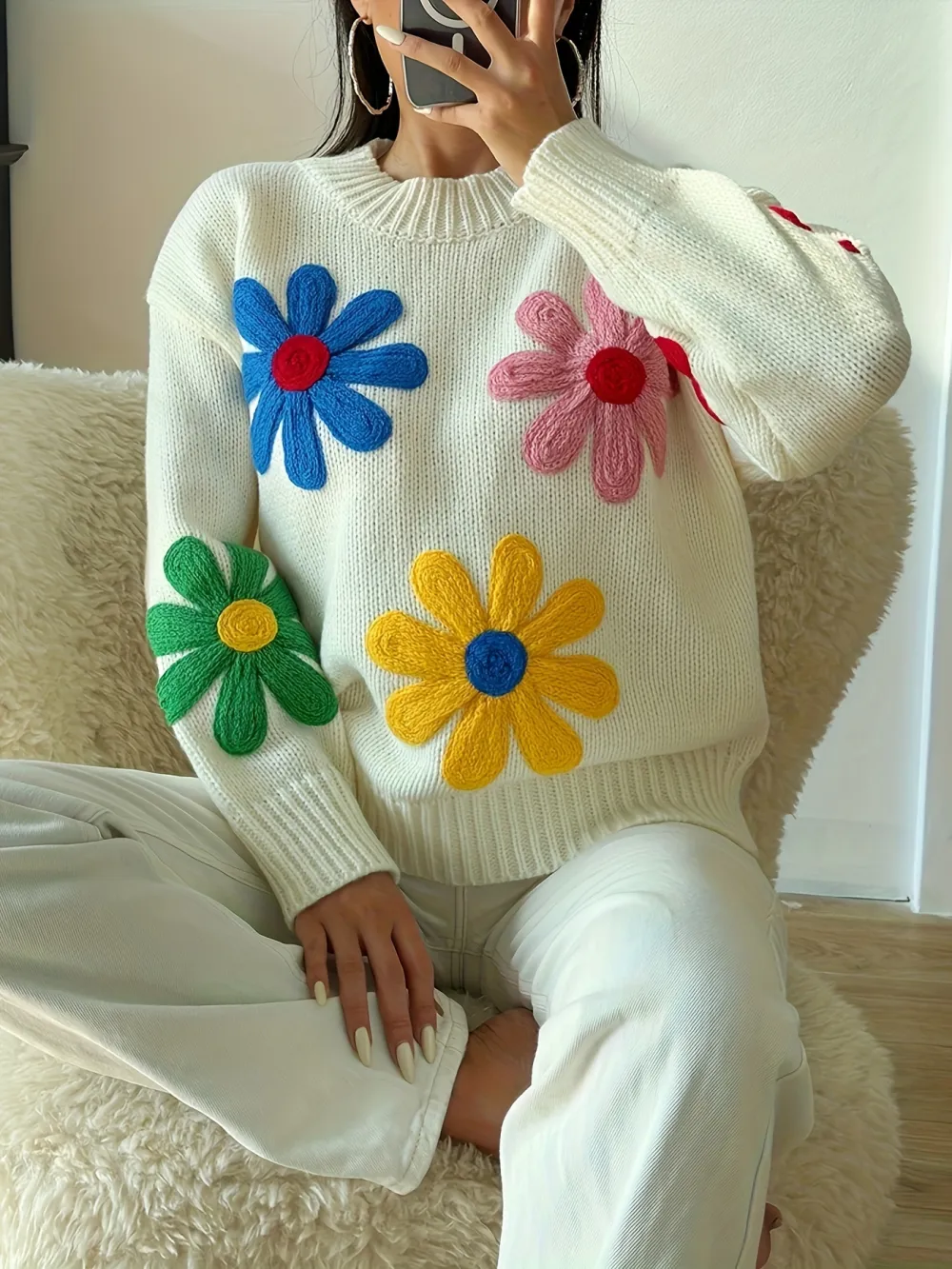 Floral Pattern Crew Neck Pullover Sweater Casual