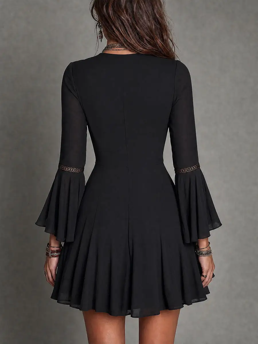 Vintage-style Tie-neck A-line Mini Dress With Cutout Lace Trim