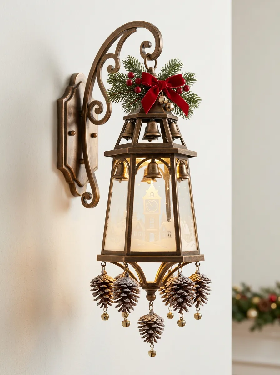Village Scene Pinecone Bow Christmas Wall Light