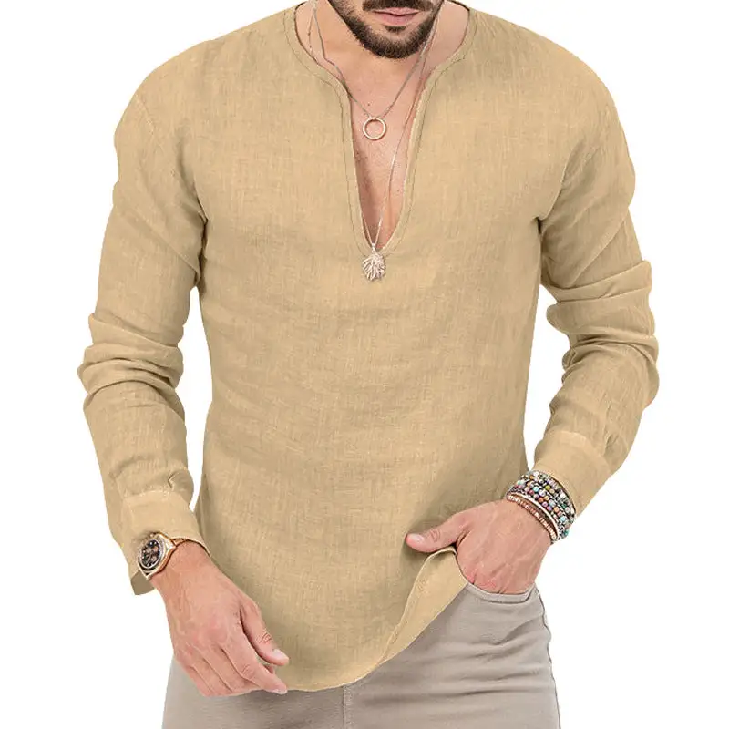 Men's Relaxed Linen Tunic Shirt With Open Slit Collar And Rounded Hem