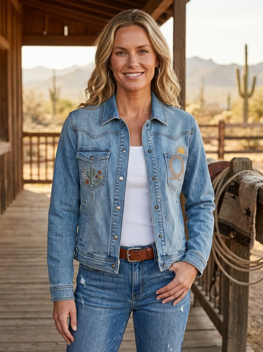 Women's Western Lasso Cactus Desert Denim Jacket