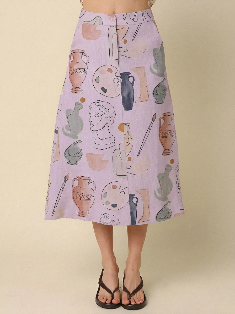 Women's Art Lover Greek Statue Vase Printed Midi Skirt