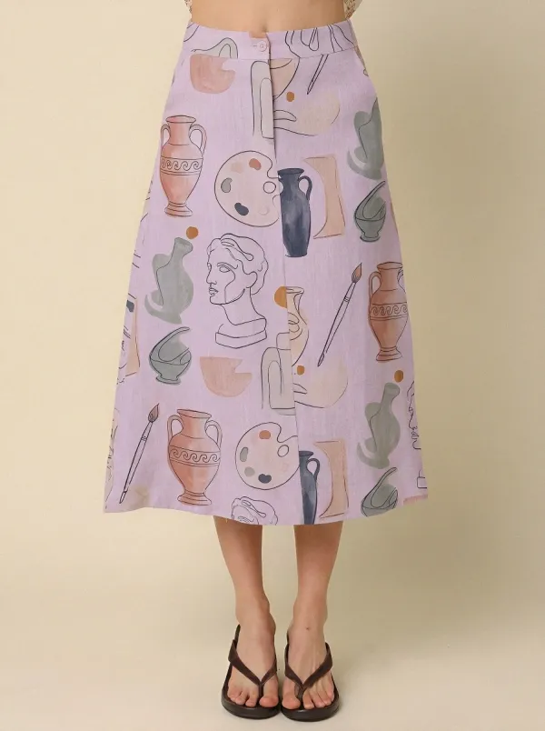 Women's Art Lover Greek Statue Vase Printed Midi Skirt