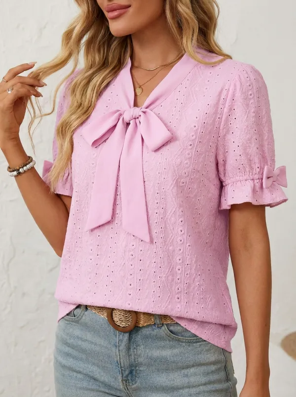 Women's V-neck Bow-detail Embroidered Blouse