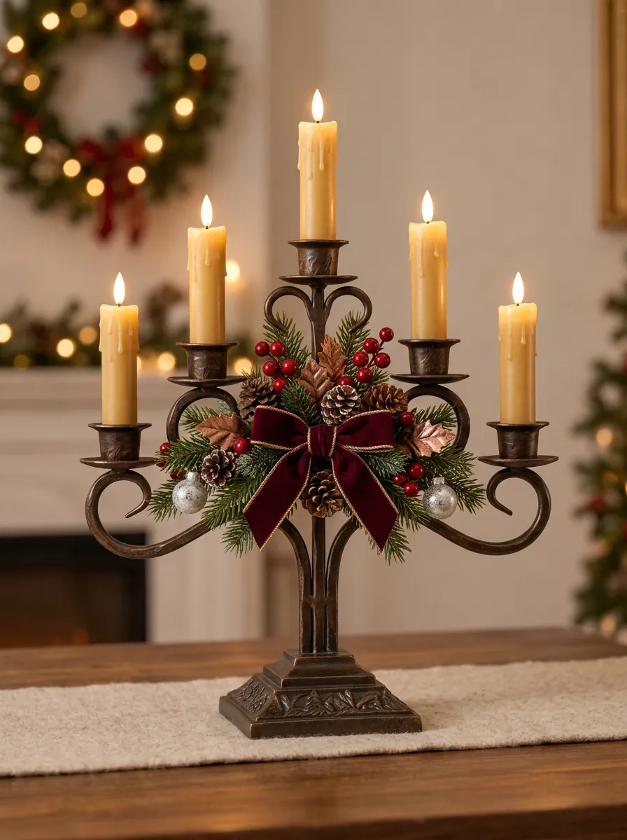 Layered Pinecone Berry Velvet Candelabra