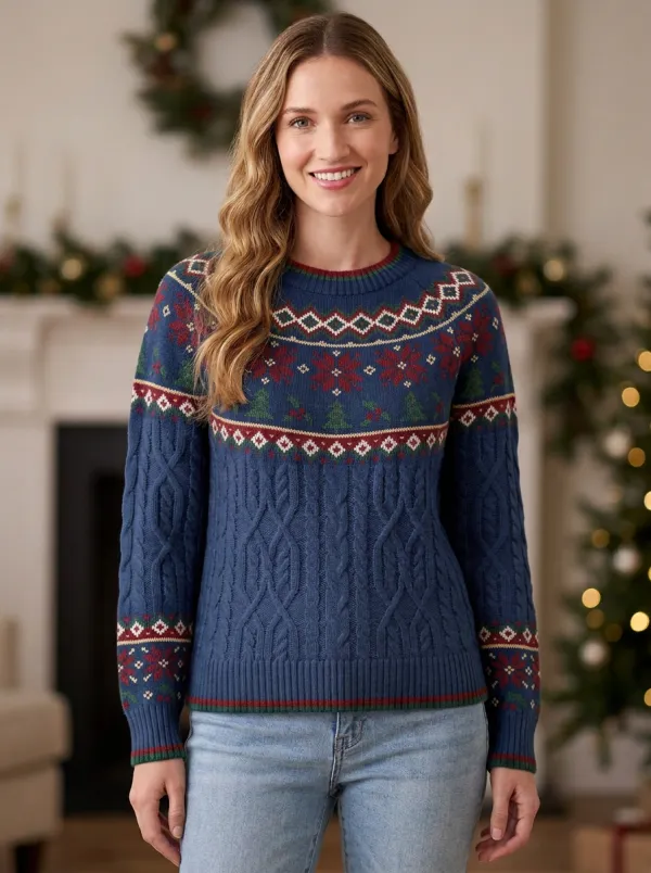 Christmas Holiday Fair Isle Tree Pattern Print Sweater