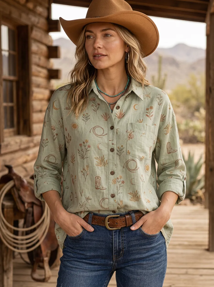 Women's Western Boho Desert Cactus Cowboy Boot Printed Cotton Linen Shirt