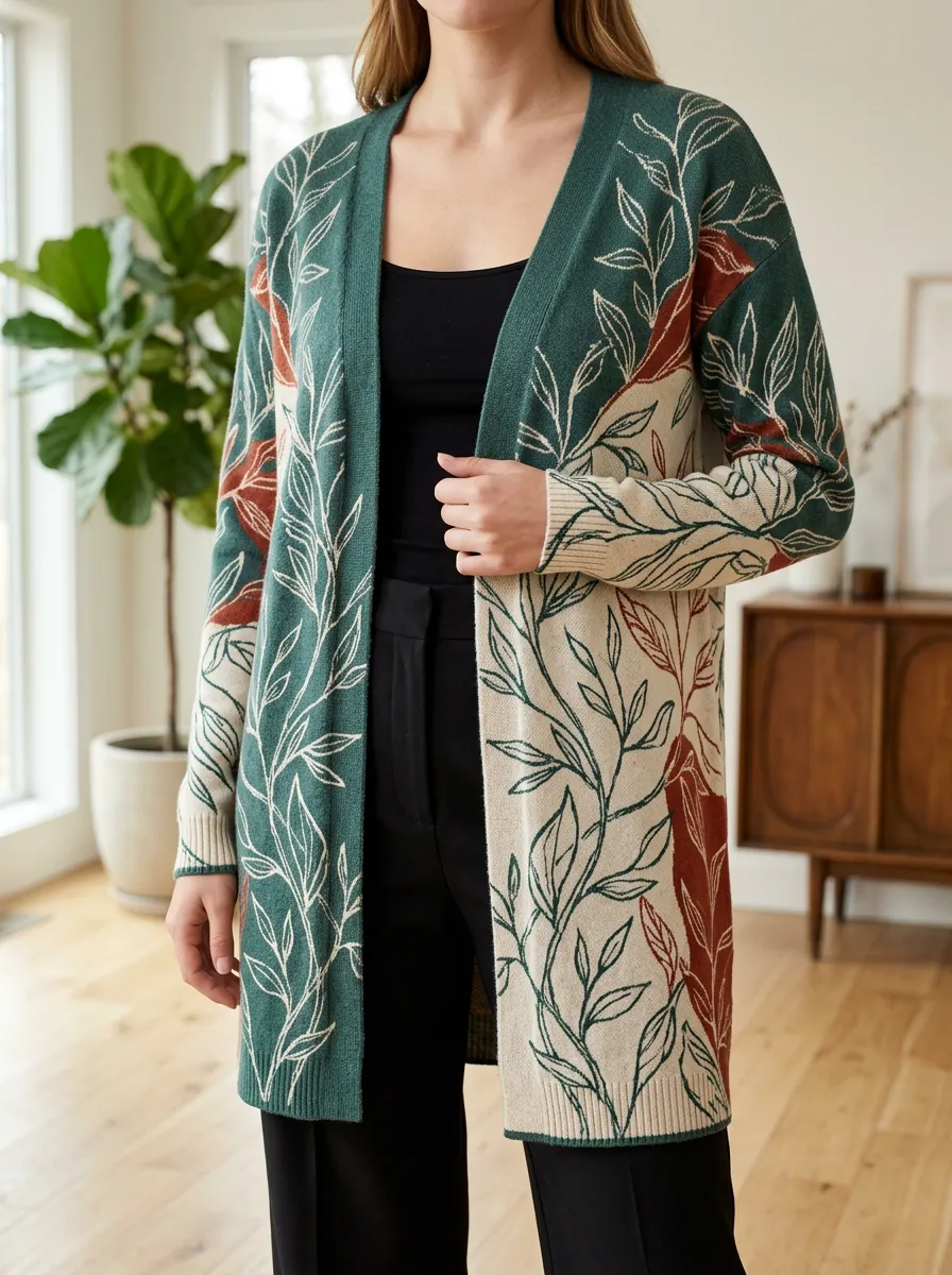 Women's Botanical Leaf Pattern Printed Long Sleeve Casual Layering Cardigan