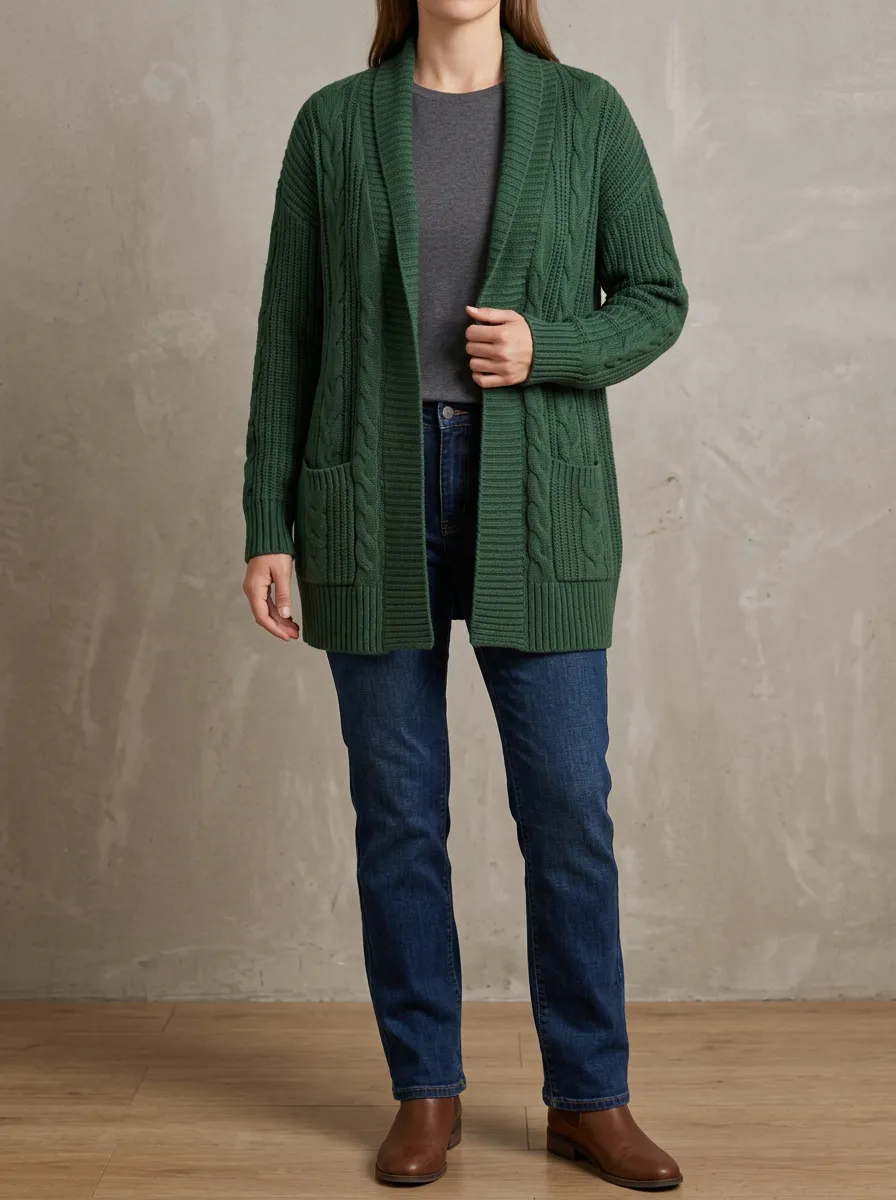 Women's Relaxed Cable Knit Open Front Shawl Collar Cardigan