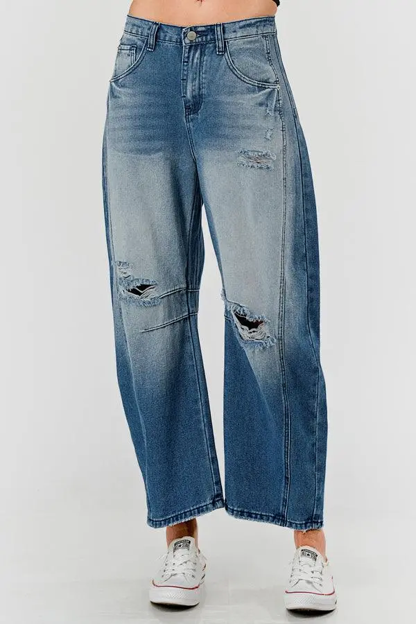 Relaxed Mid Rise Barrel Denim Pants