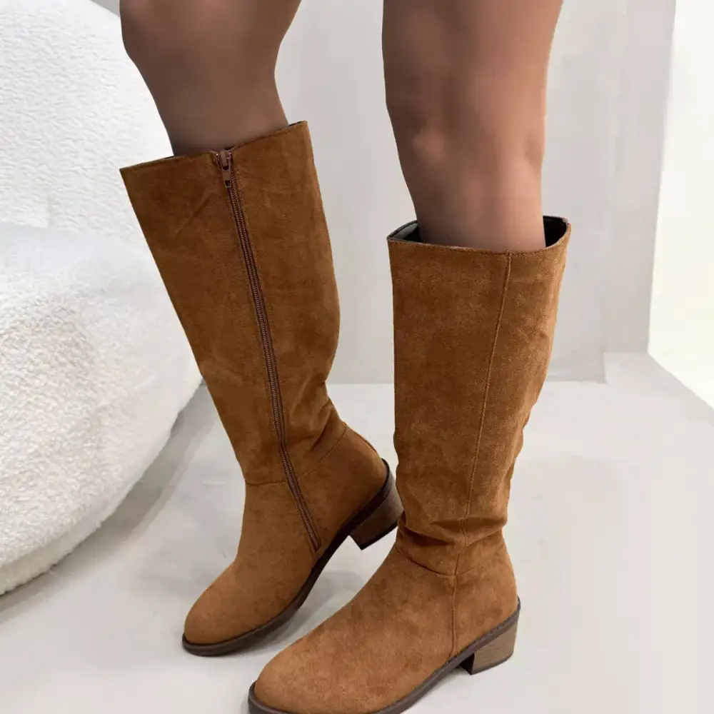 Pleated Round Toe Block Heels Boots