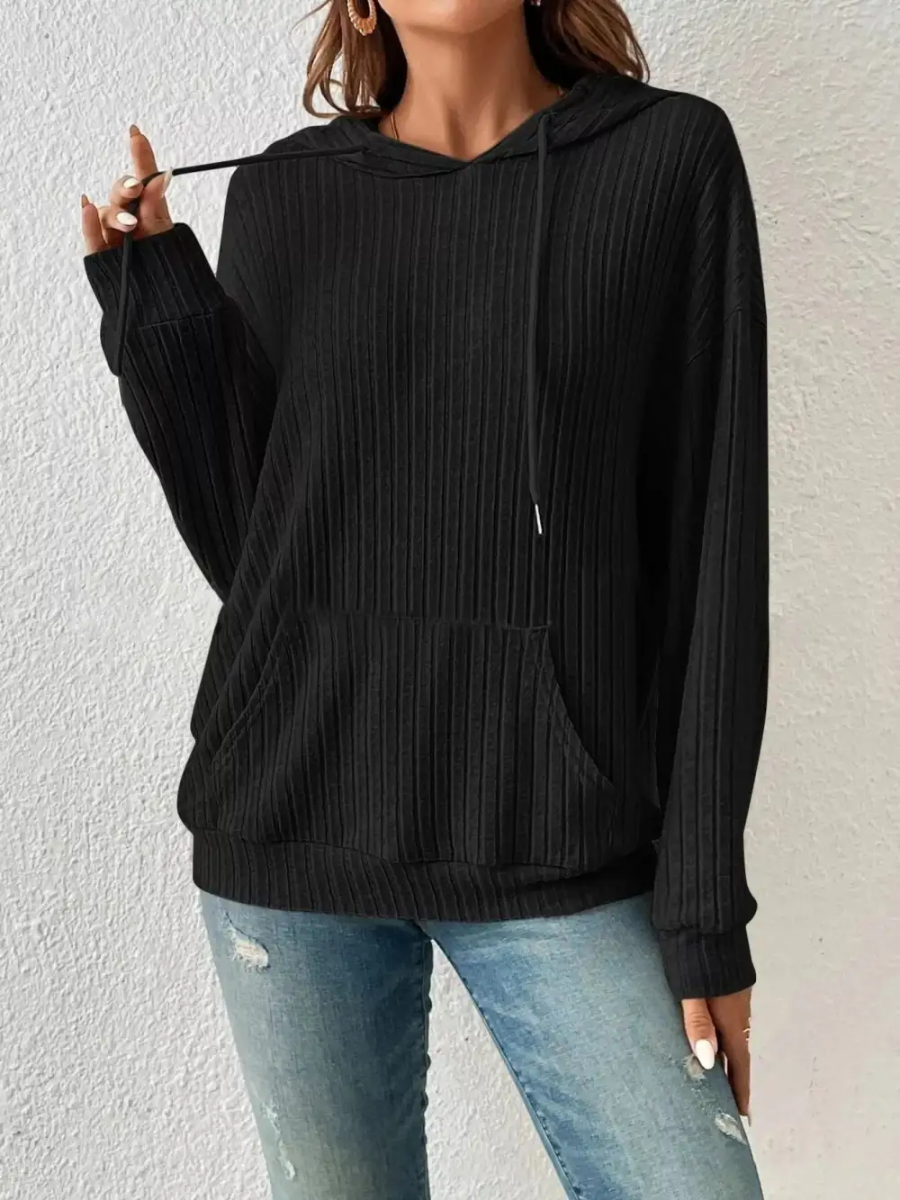 Relaxed Drawstring Pocketed Long-Sleeve Ribbed Hoodie