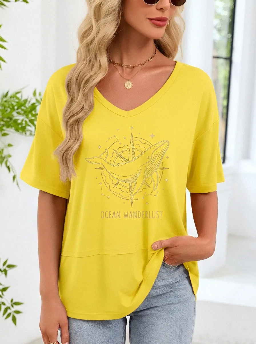 Women's Ocean Wanderlust Whale Compass Printed T-shirt