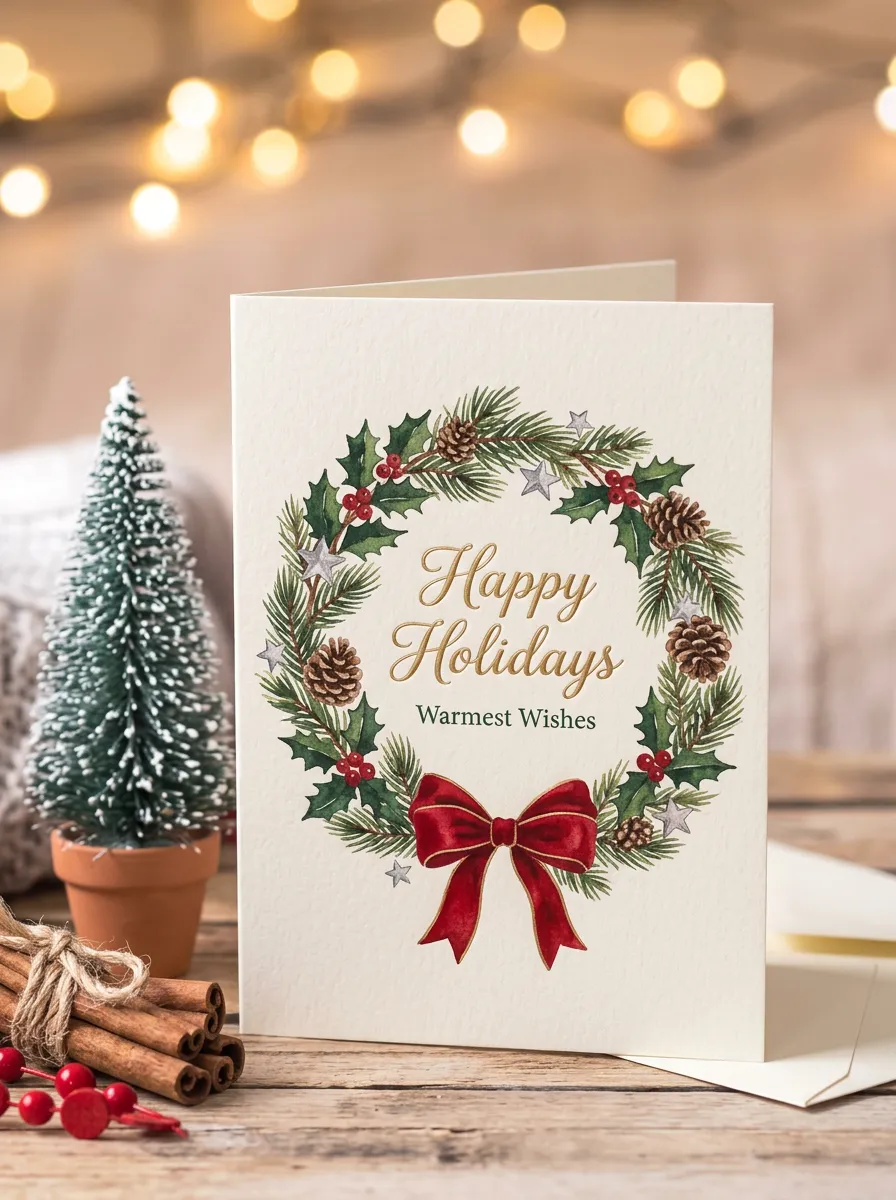 Christmas Wreath Pinecone Bow Greeting Card