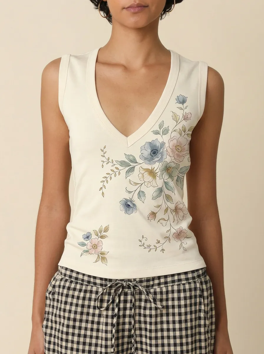 Women's Floral Lover Vintage Botanical Printed V-Neck Tank Top