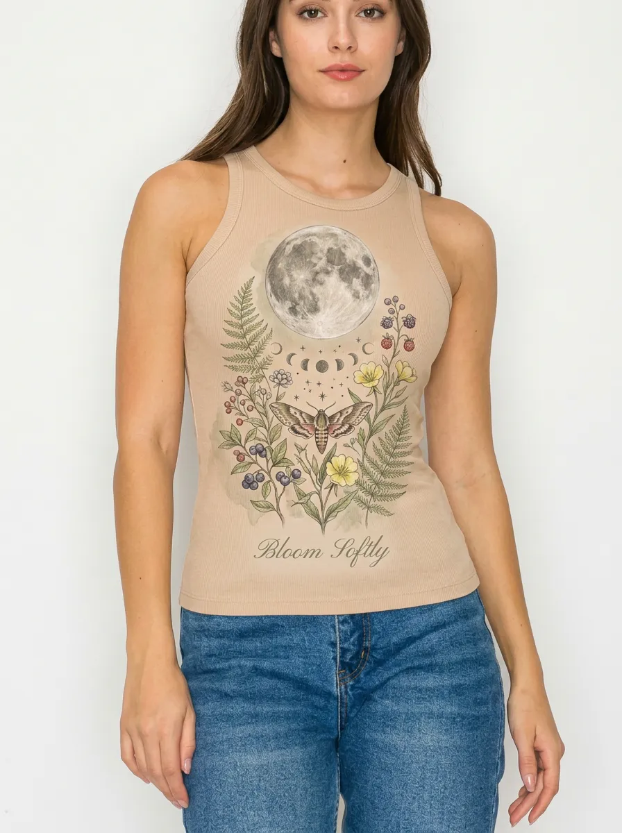 Women's Celestial Moth Floral Moon Printed Tank Top