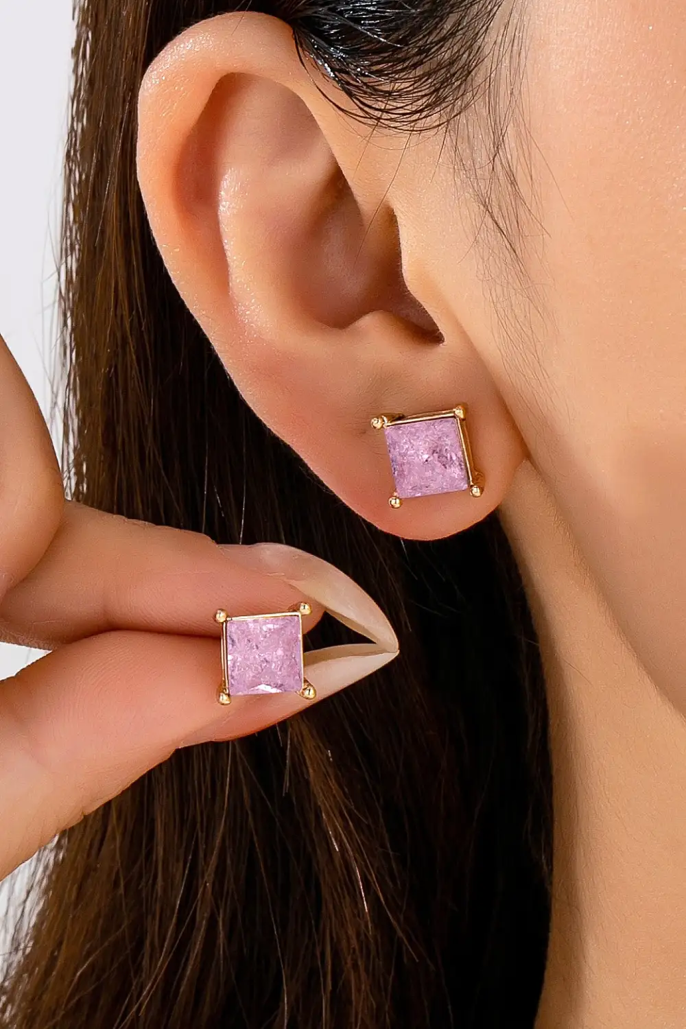 Square Cut Glitter Stone Stud