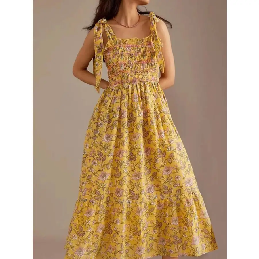 Smocked Tie-Shoulder Midi Dress