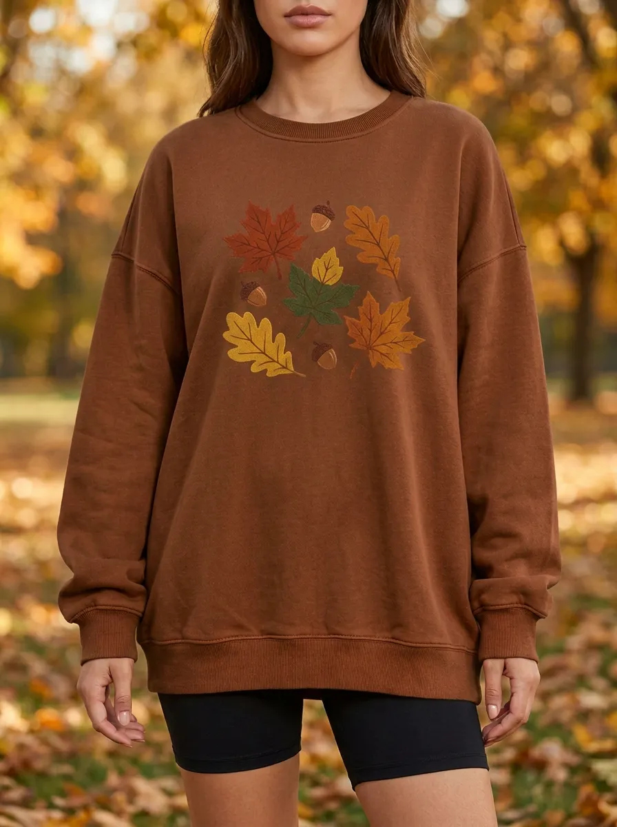 Layered Profile Maple-Leaf Printed Acorn Graphic Sweatshirt