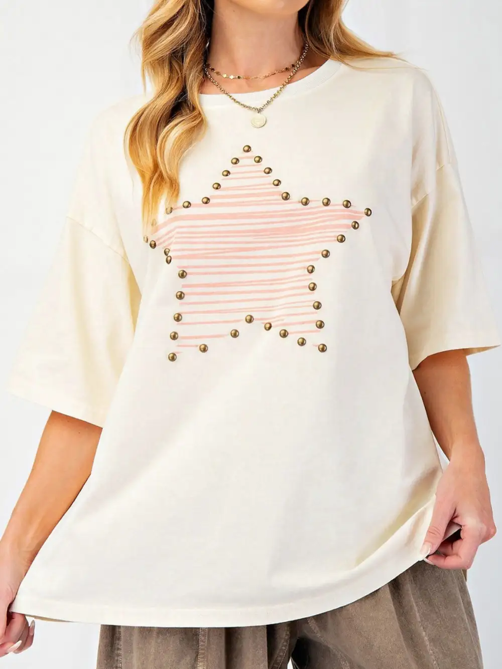 Star Print Stud Detail Cotton Jersey Top