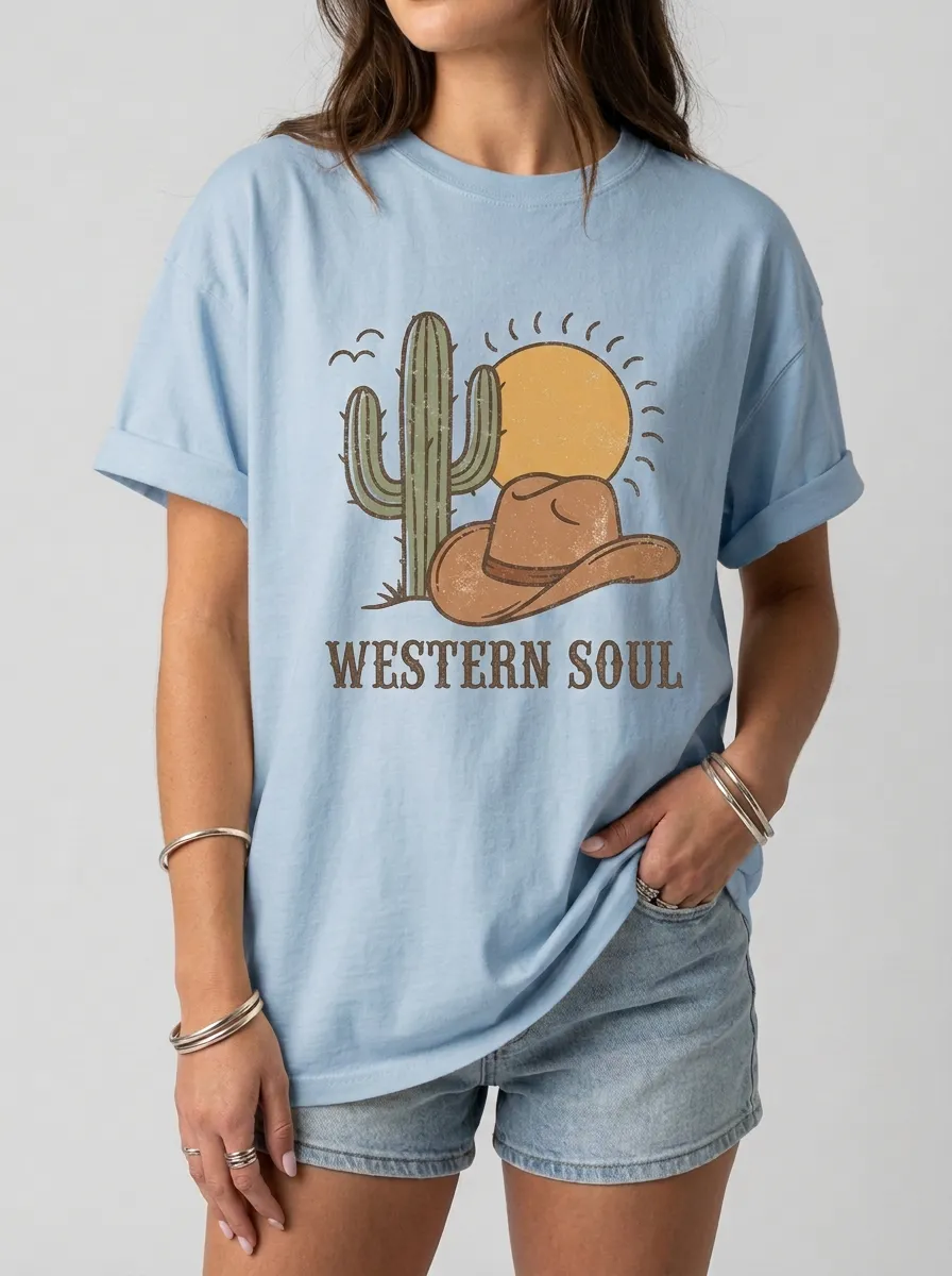 Women's Western Soul Cactus Cowboy Hat Sun Printed T-shirt