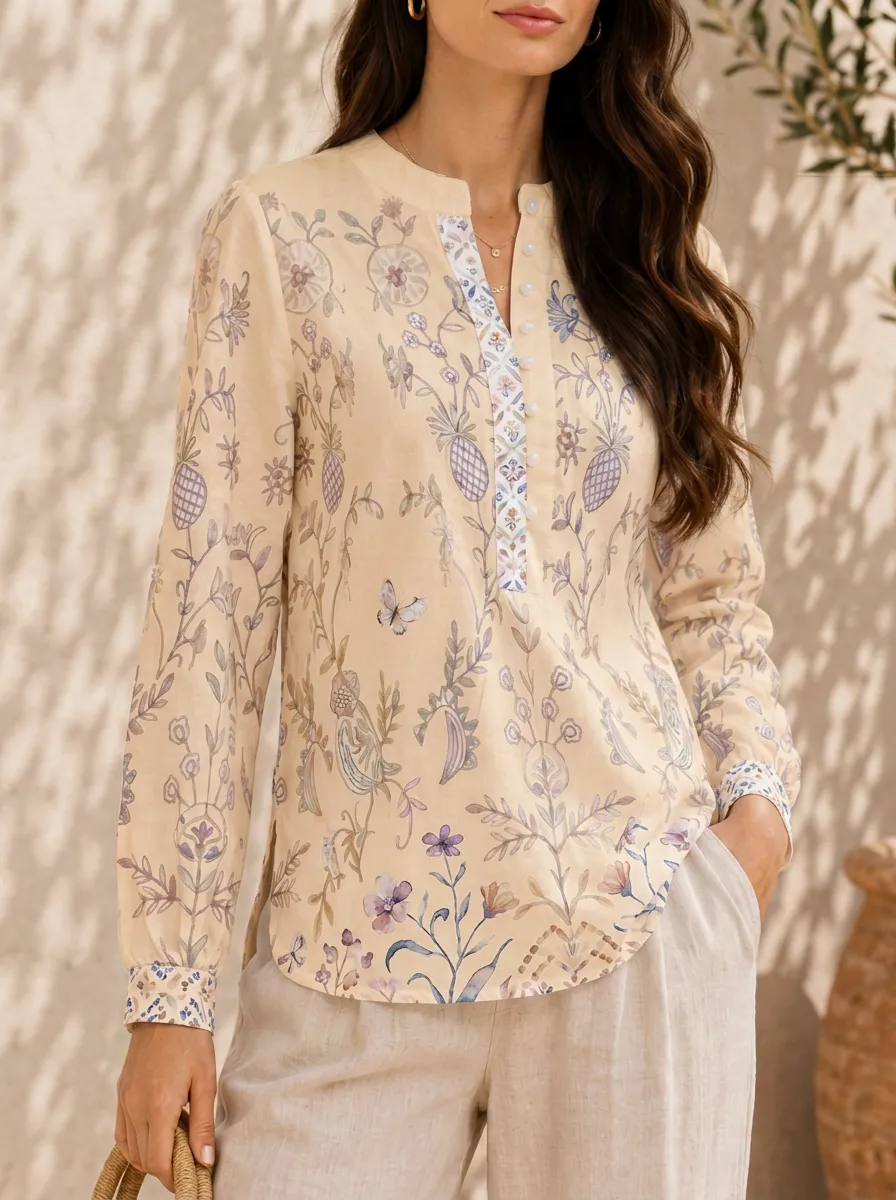 Women's Botanical Floral Butterfly Printed V-Neck Long Sleeve Shirt