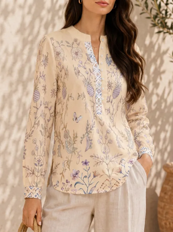 Women's Botanical Floral Butterfly Printed V-Neck Long Sleeve Shirt