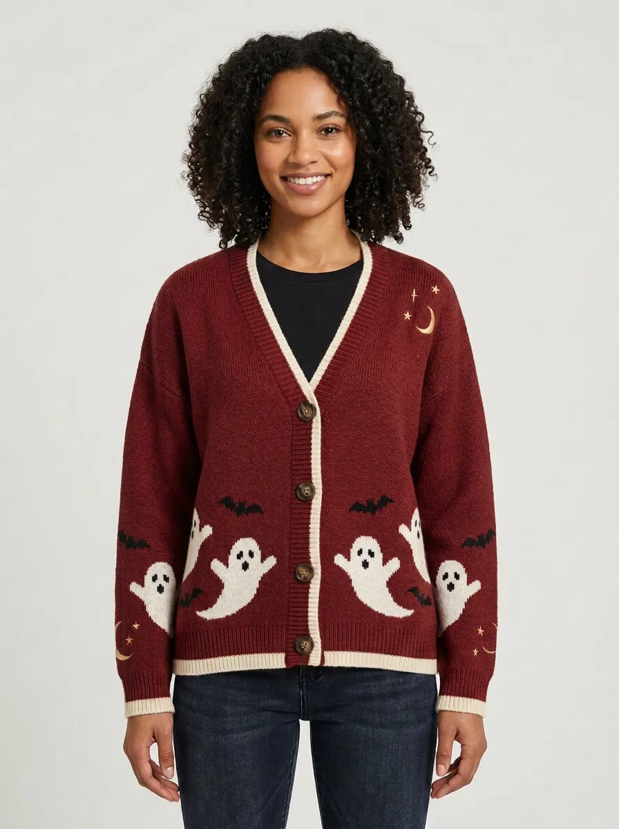 Women's Halloween Ghost Bat Moon Pattern Knitted Cardigan