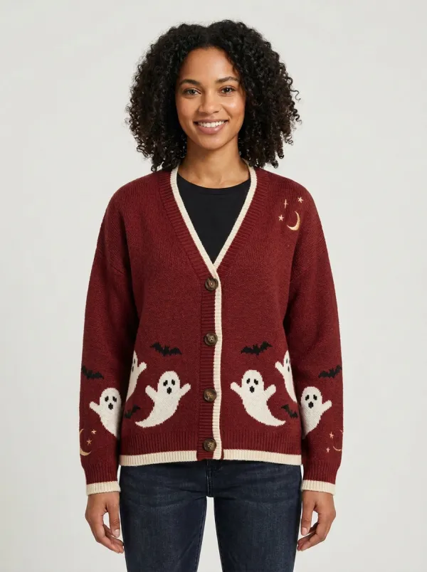Women's Halloween Ghost Bat Moon Pattern Knitted Cardigan