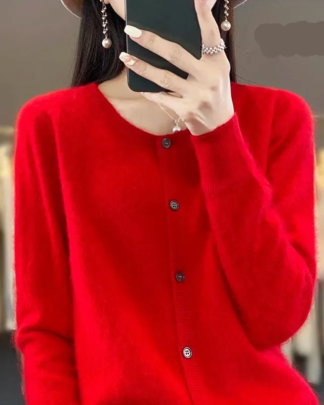 Classic Mink-Cashmere Cashmere Button-Front Crew-Neck Cardigan