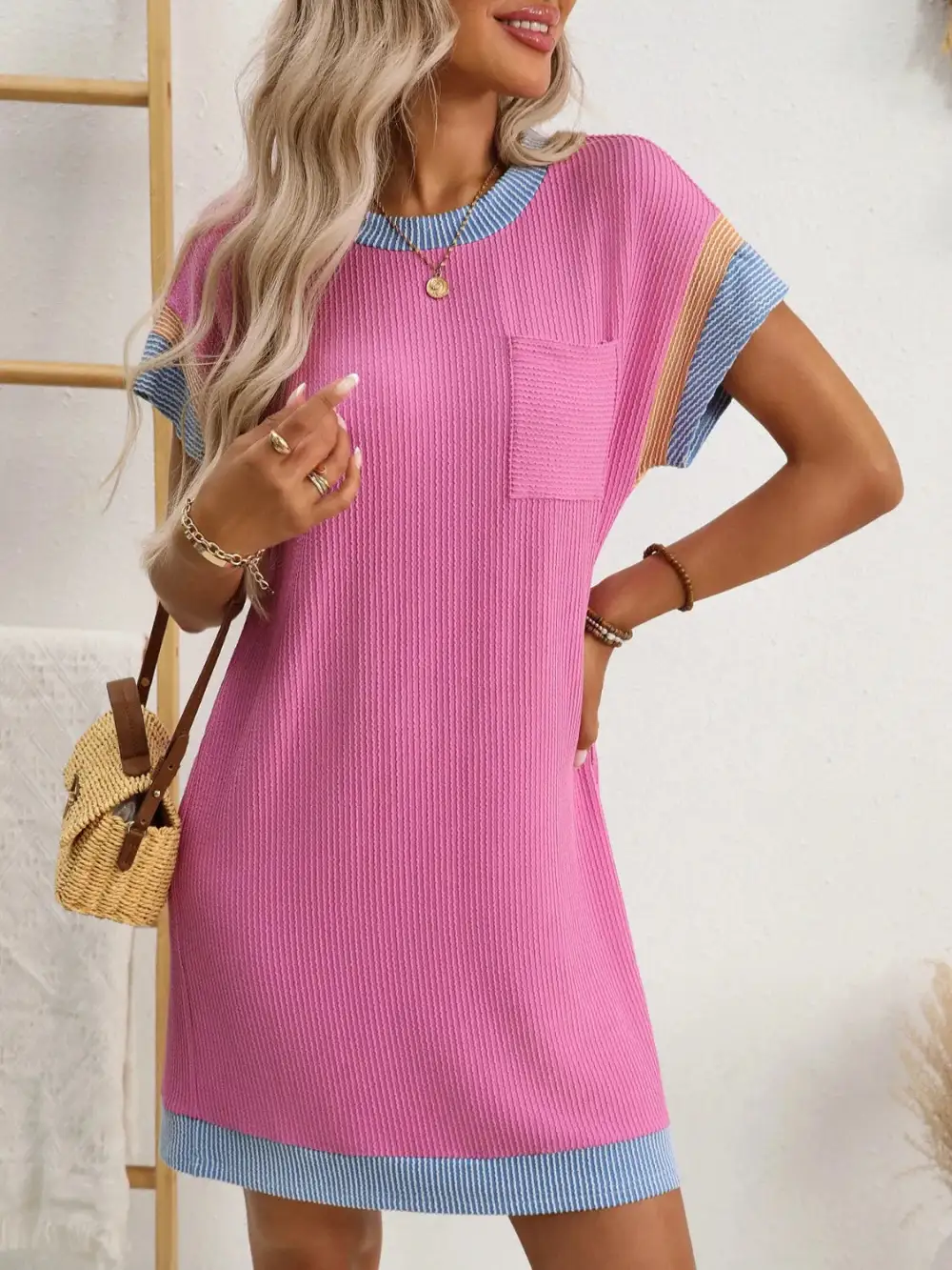 Round-Neck Short-Sleeve Mini Dress