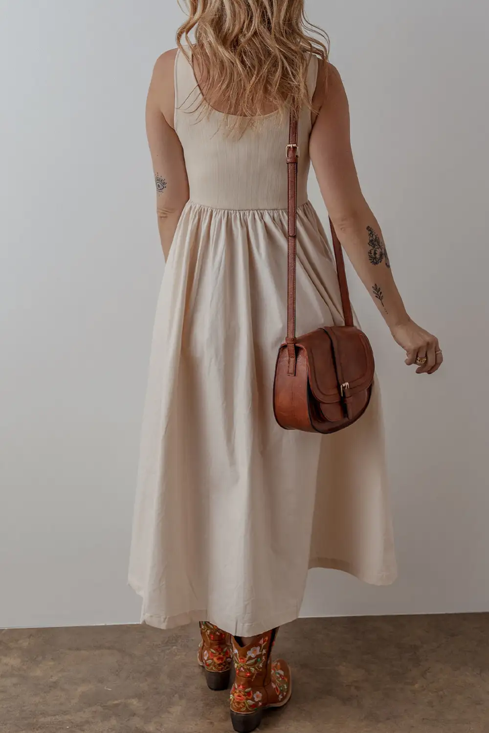 Maxi Scoop Neck Ribbed Bodice Pleated Sleeveless Long Dress