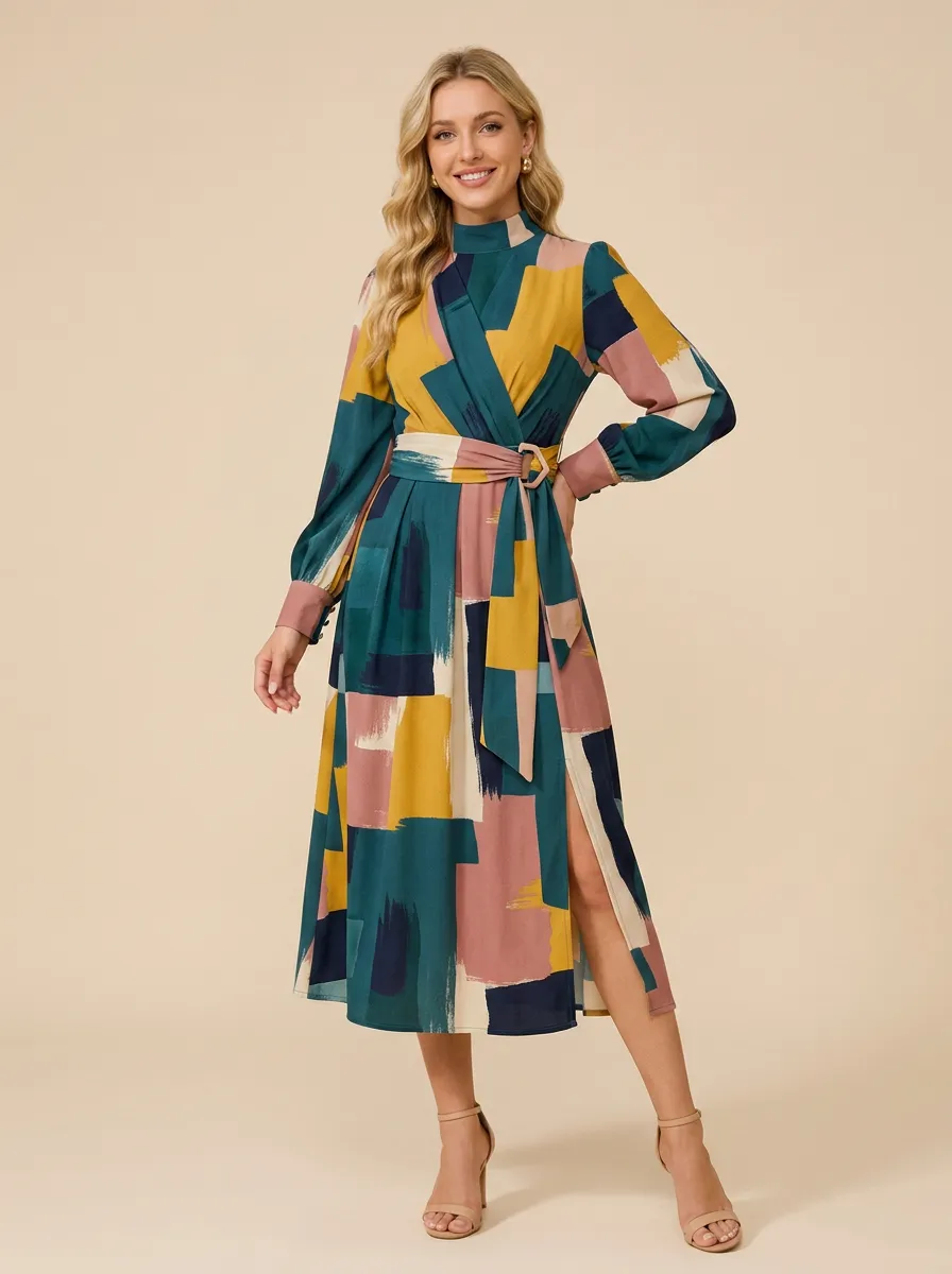 Women's Abstract Geometric Colorblock Printed Long Sleeve Dress